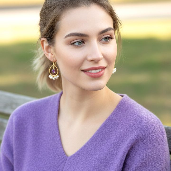 Handmade Gold Plated Silver Drop Earrings With Amethyst & Pearls - Anthos Crafts