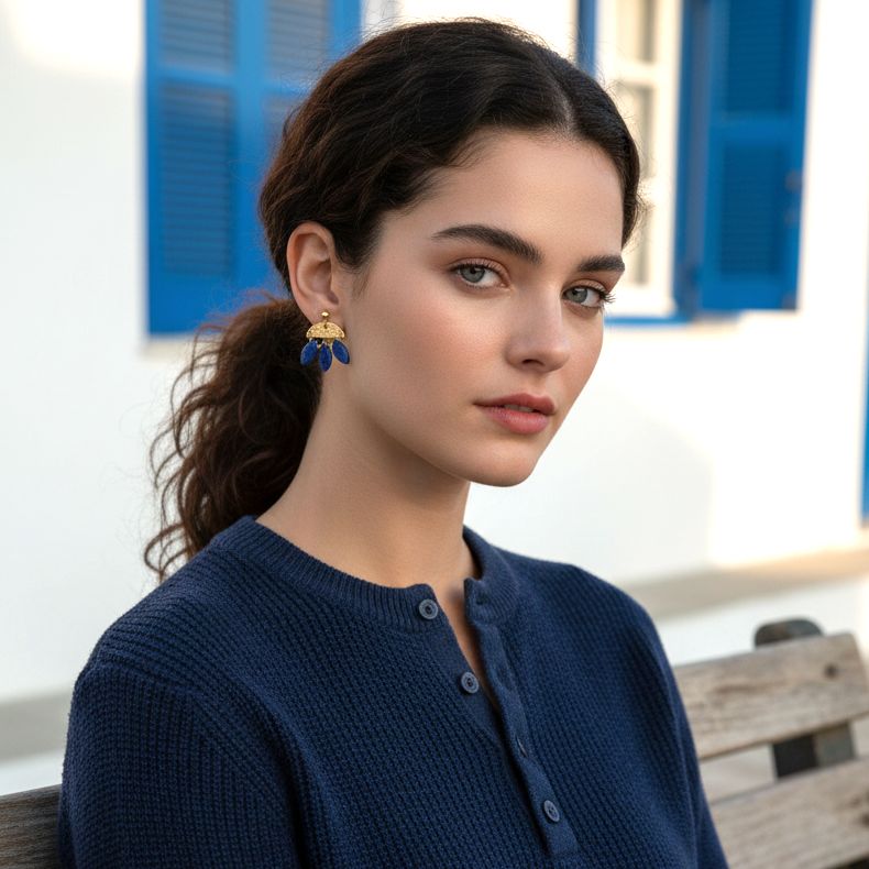 Handmade Gold Plated Silver Dangle Earrings With 3 Lapis Stones - Anthos Crafts