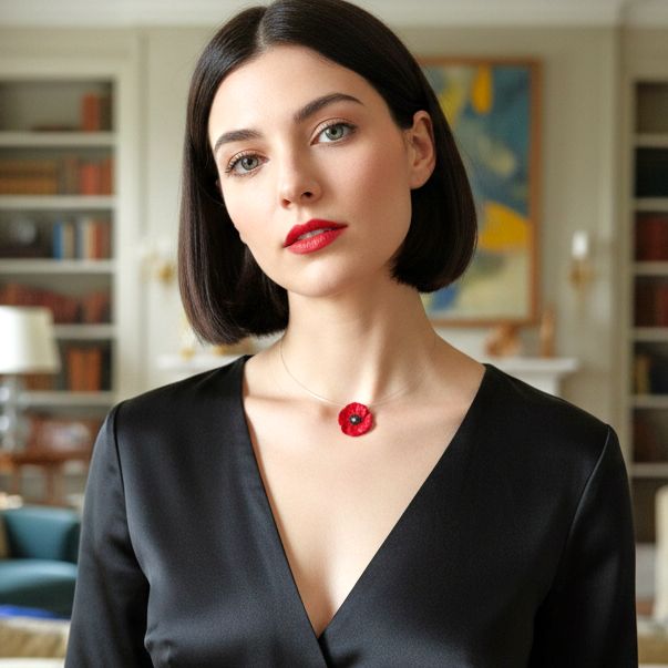 Handmade Silver Red Poppy Short Choker Necklace - Anthos Crafts