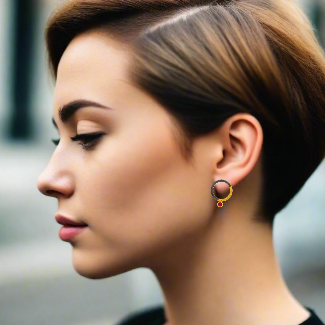 Handmade Gold & Black Plated Silver Stud Earrings Little Circles With Red Zircons - Anthos Crafts