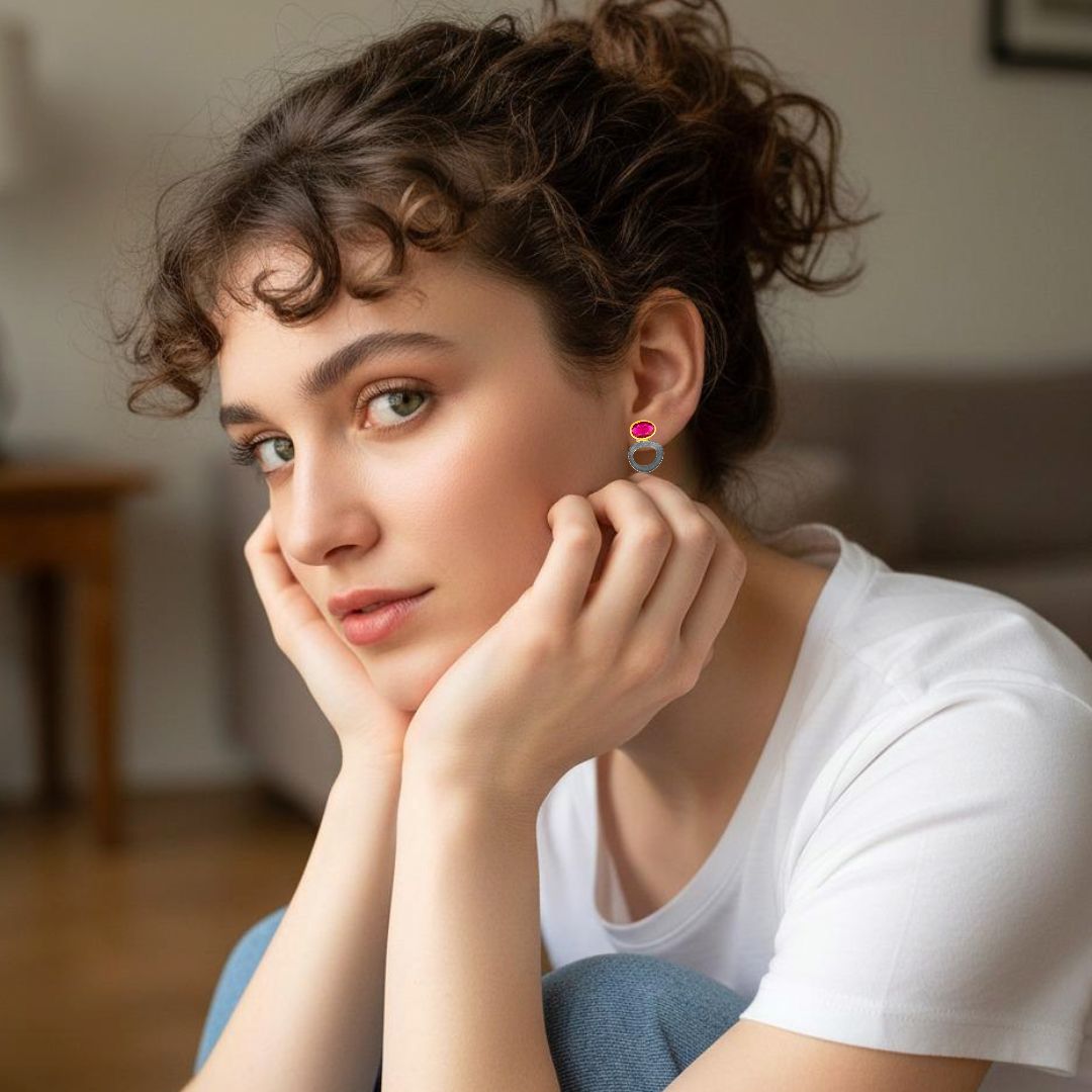 Handmade Gold & Black Plated Silver Stud Earrings Little Ovals With Red Zircon - Anthos Crafts