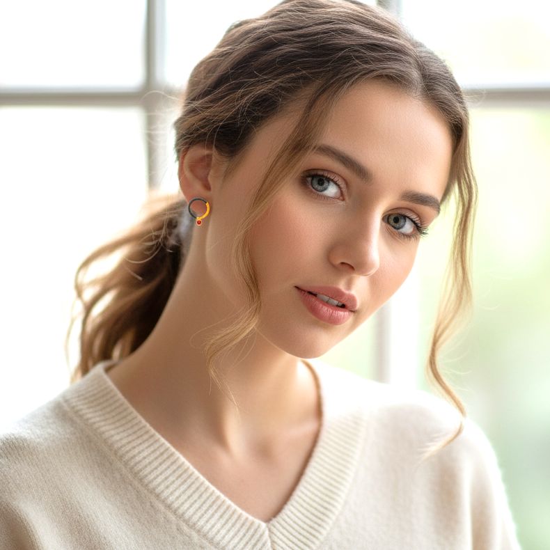 Handmade Gold & Black Plated Silver Stud Earrings Little Circles With Red Zircons - Anthos Crafts