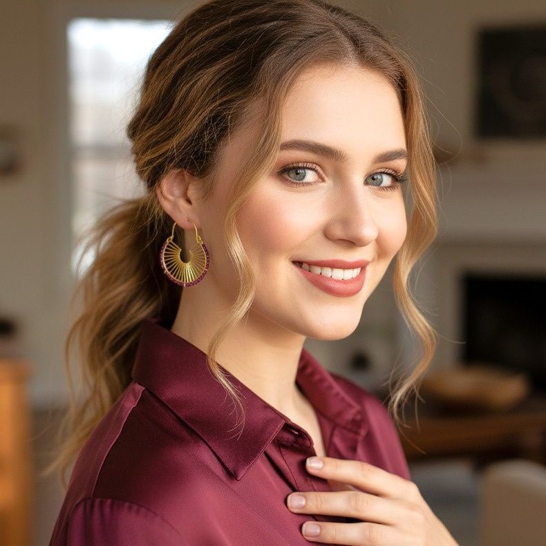 Handmade Gold Plated Earrings With Pink Zircons Waves - Anthos Crafts