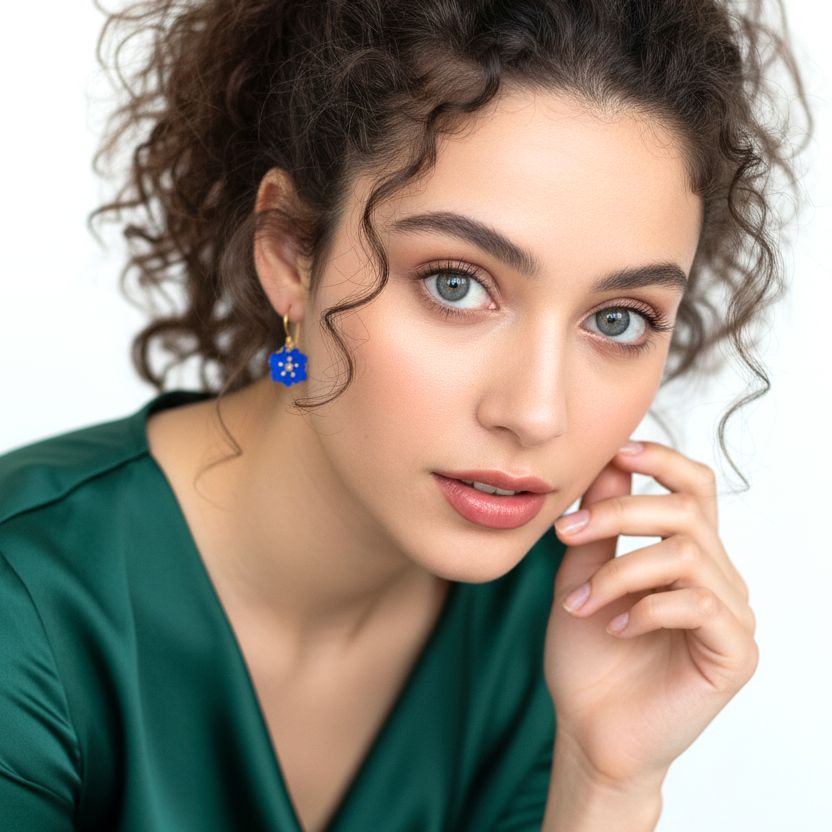 Χειροποίητα Κρεμαστά Επίχρυσα Ασημένια Σκουλαρίκια Μπλε Ρουά Λουλούδια Μπιγκόνιες