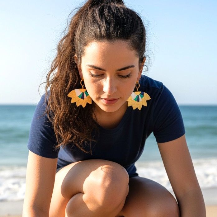 Handmade Leather Turquoise Blue White Gold Plumeria Earrings - Anthos Crafts