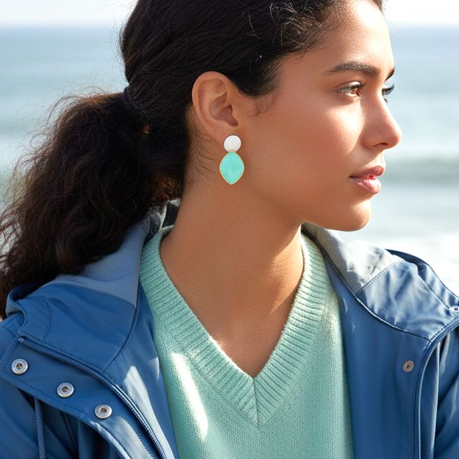 Handmade Gold Plated Silver Dangle Earrings with Light Green & Ecru Enamel - Anthos Crafts