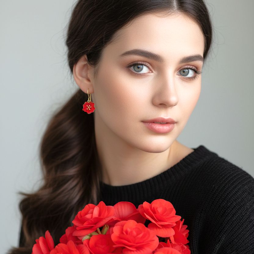 Handmade Gold Plated Silver Red Begonia Flower Dangle Earrings - Anthos Crafts