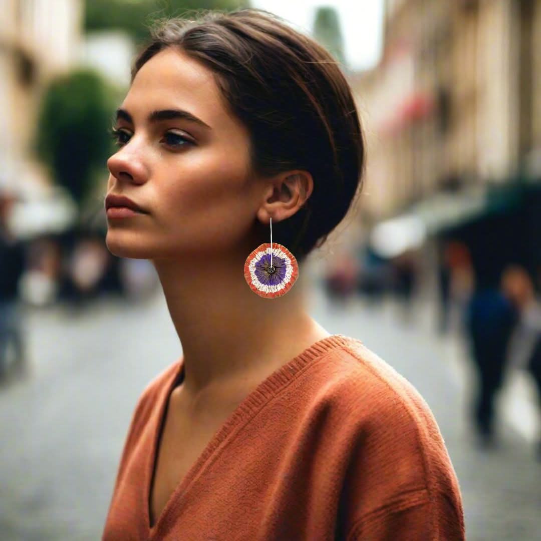 Handmade Flower Earrings Made From Papier-Mâché Coral White & Purple Patina - Anthos Crafts