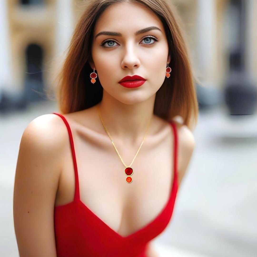 Handmade Gold Plated Silver Necklace with Red & Orange Enamel Pendant - Anthos Crafts