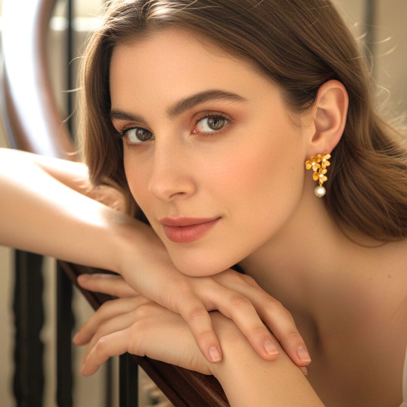 Handmade Gold Plated Silver Stud Earrings Little Flowers With Zircons & Pearls