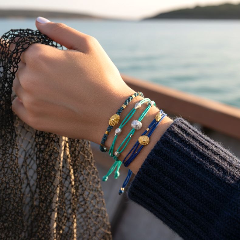 Handmade Navy Bracelet with Gold Plated Silver Shell - Anthos Crafts