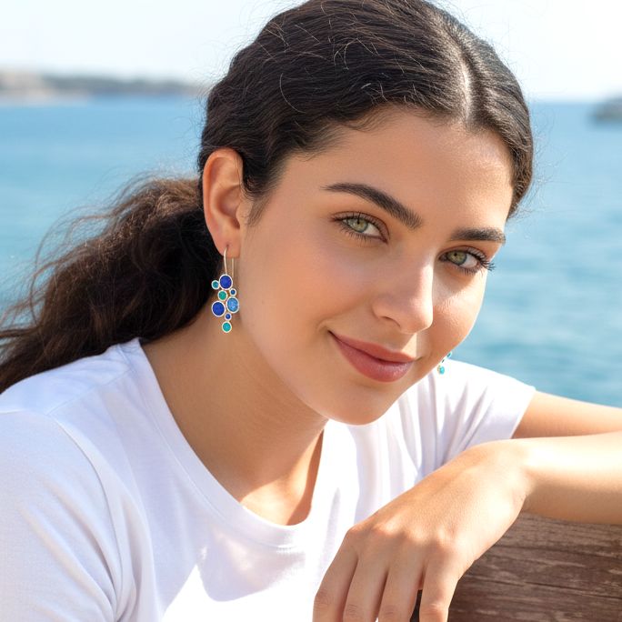 Handmade Silver Drop Earrings with Shades Of Blue & Turquoise Enamel Bubbles - Anthos Crafts