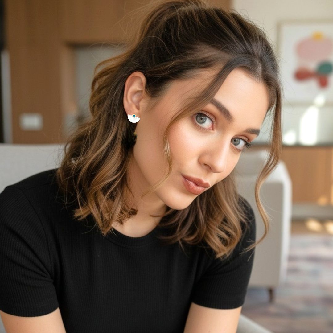 Handmade Gold & Silver Stud Earrings With Blue Zircons