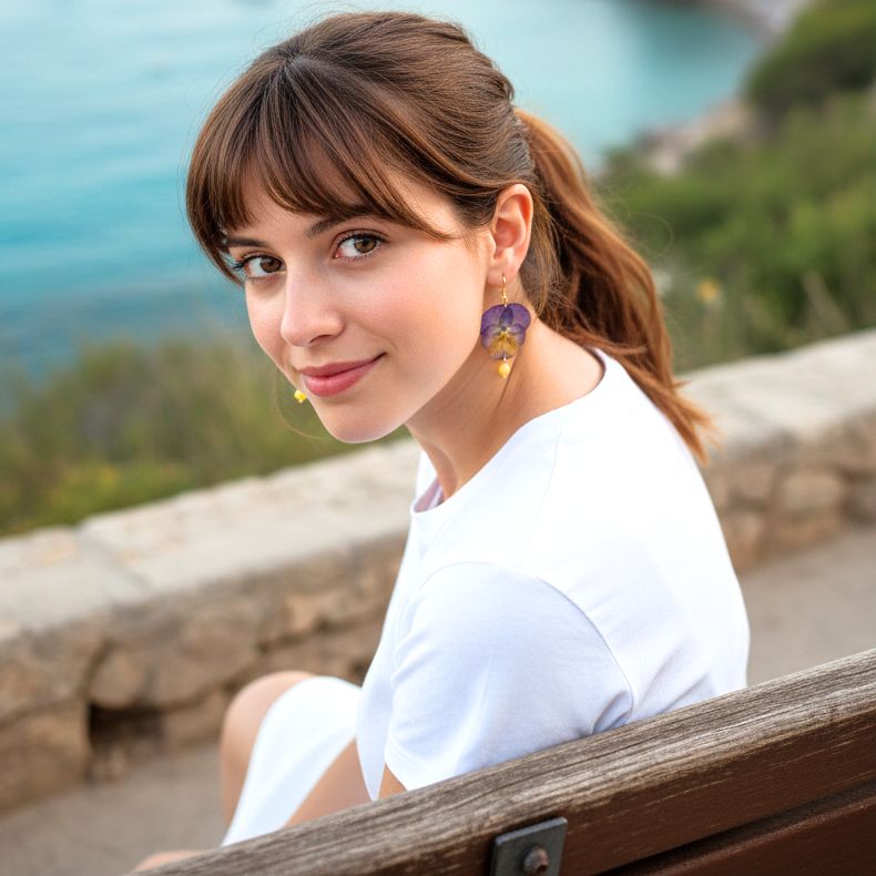 Flower Purple Pansy Dangle Earrings With Swarovski Stones - Anthos Crafts