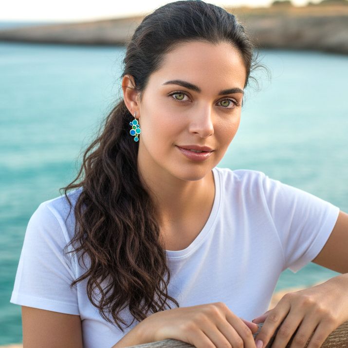 Handmade Silver Drop Earrings with Shades Of Turquoise Enamel Bubbles - Anthos Crafts