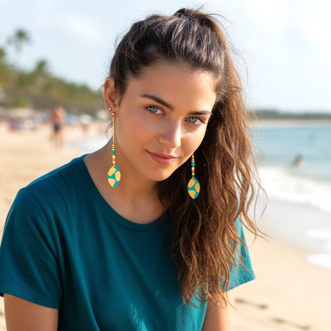 Handmade Leather Turquoise Gold Long Leaf Earrings - Anthos Crafts