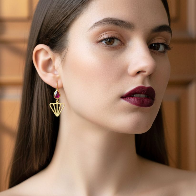 Handmade Gold Plated Silver Drop Earrings With Ruby Quartz Gemstones - Anthos Crafts