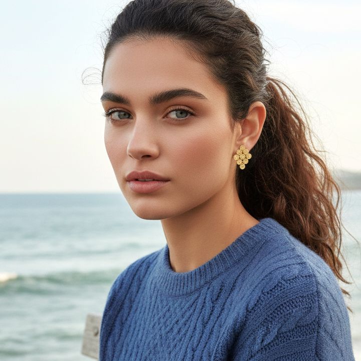 Handmade Gold Plated Silver Dangle Earrings Hammered Coins Rhombus - Anthos Crafts