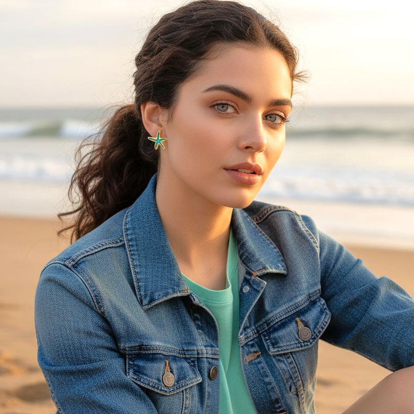 Handmade Gold Plated Silver Stud Earrings Starfish with Turquoise Enamel - Anthos Crafts