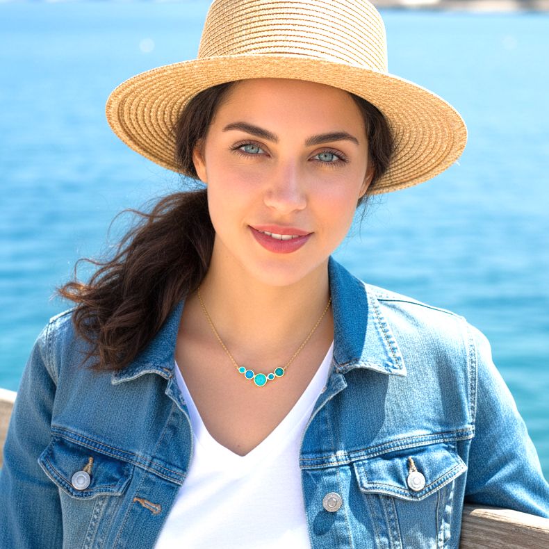 Handmade Gold Plated Silver Necklace with Turquoise Shades Enamel Pendant 5 Pebbles - Anthos Crafts