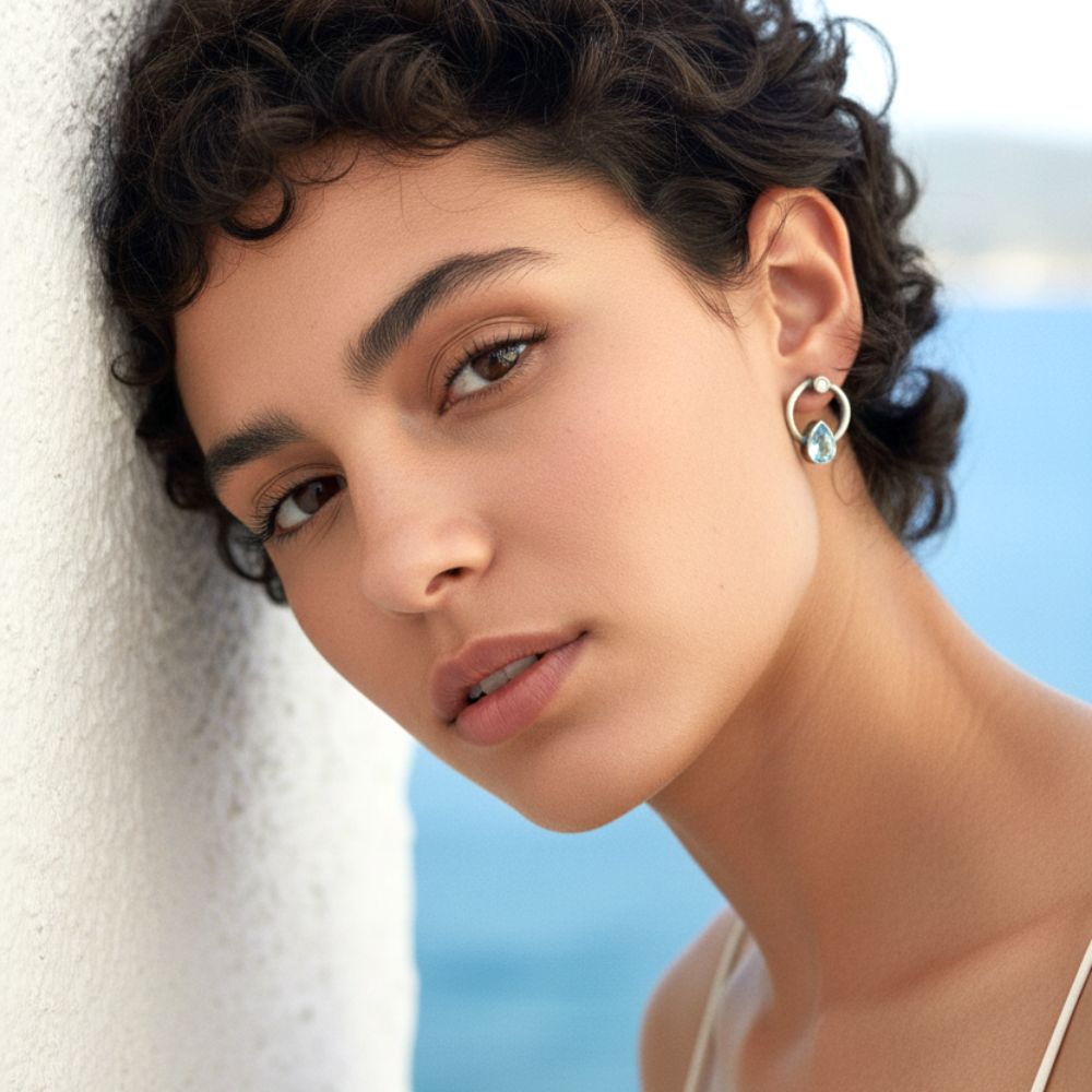 Handmade Dark Silver Stud Earrings Little Circles With Sky Blue Zircon