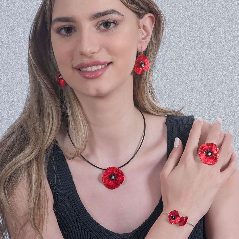 Handmade Silver Impressive Red Poppy Short Choker Necklace - Anthos Crafts