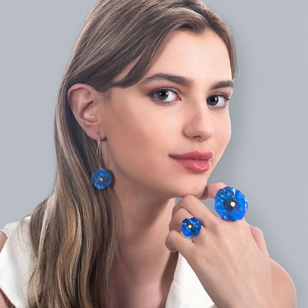 Handmade Sterling Silver Sky Blue Poppy Flower Ring - Anthos Crafts
