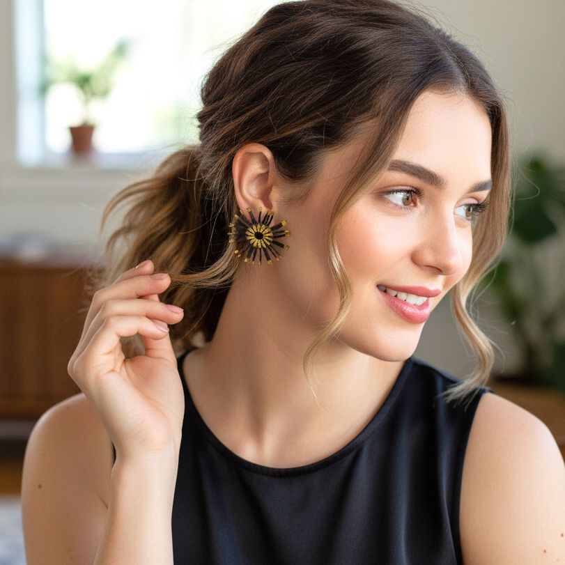 Satin Pleated Stud Earrings Bloom Black Gold BL-EAR-BLA - Anthos Crafts