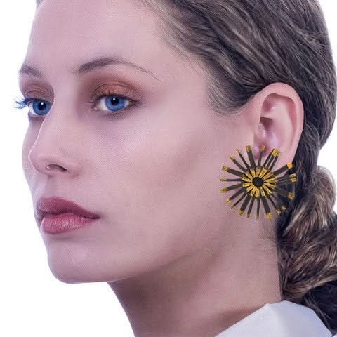 Satin Pleated Stud Earrings Bloom Black Gold BL-EAR-BLA - Anthos Crafts