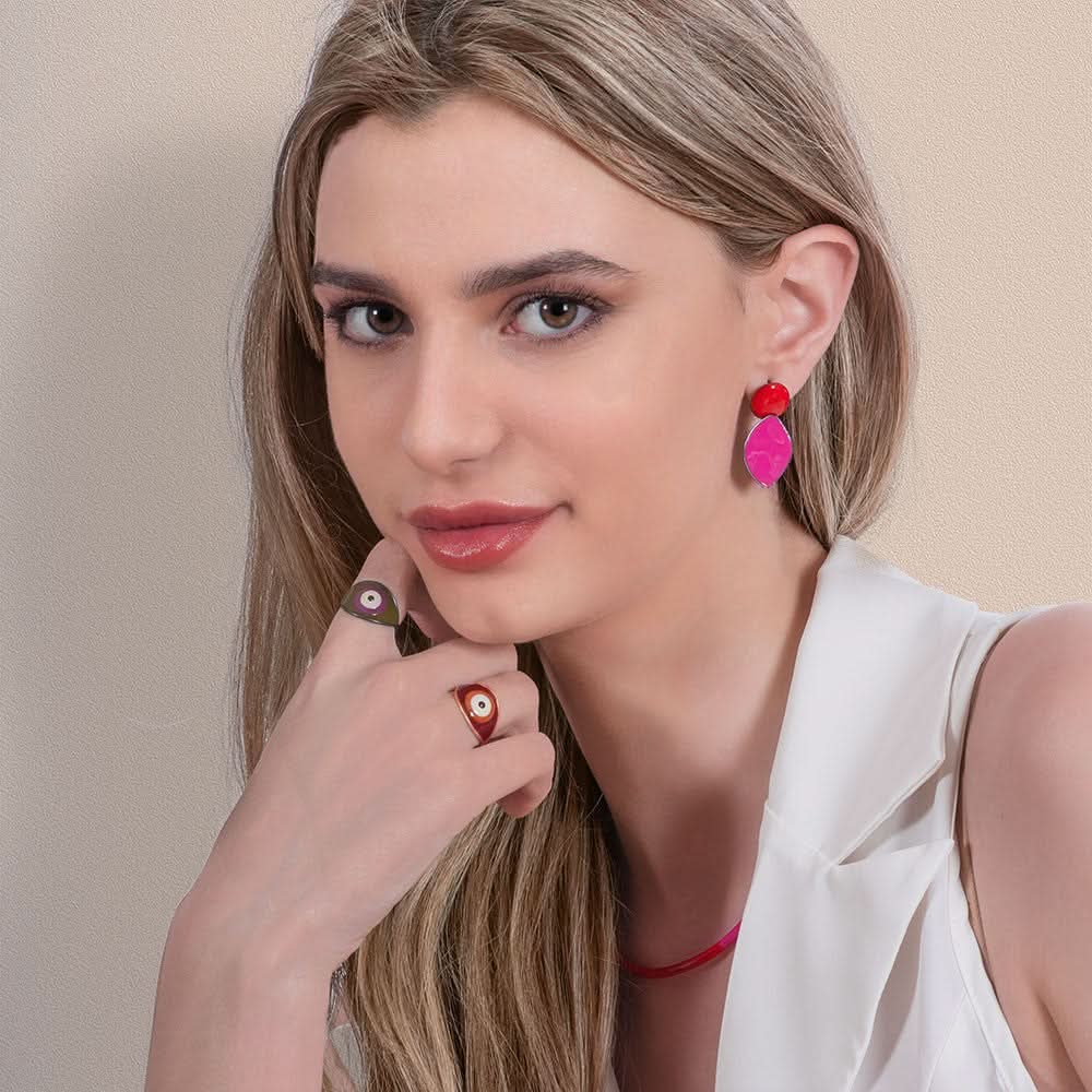 Handmade Rhodium Plated Silver Dangle Earrings with Red & Fucsia Enamel - Anthos Crafts