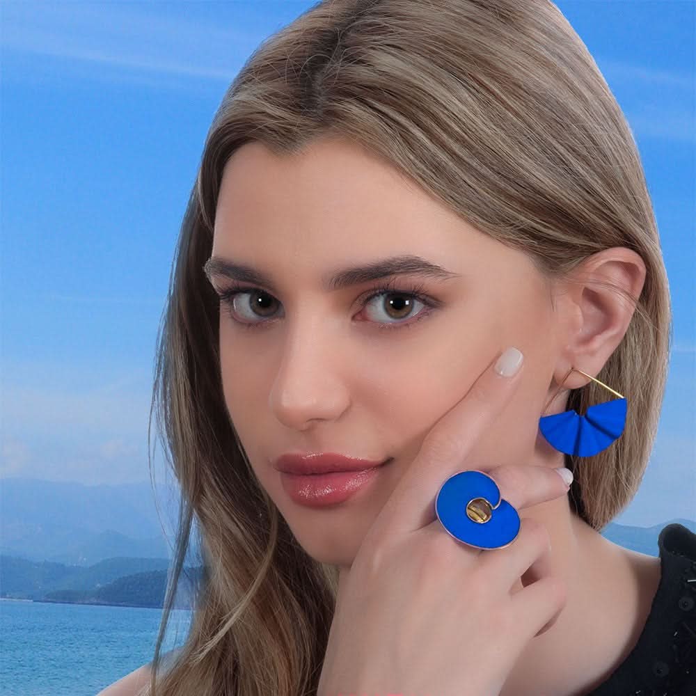 Handmade Gold Plated Earrings Royal Blue Fans - Anthos Crafts