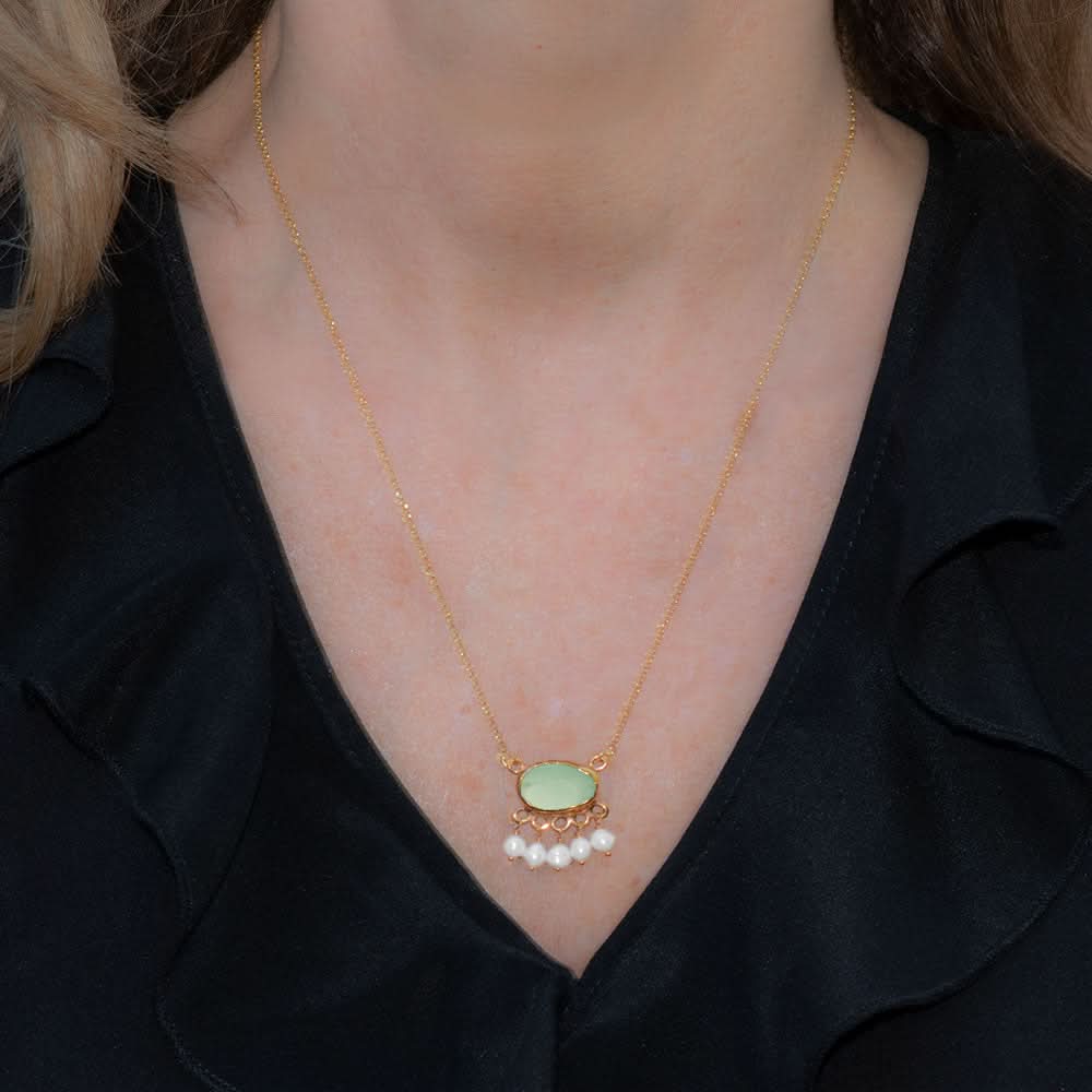 Handmade Short Gold Plated Silver Chain Necklace With Chalcedony & Pearls - Anthos Crafts
