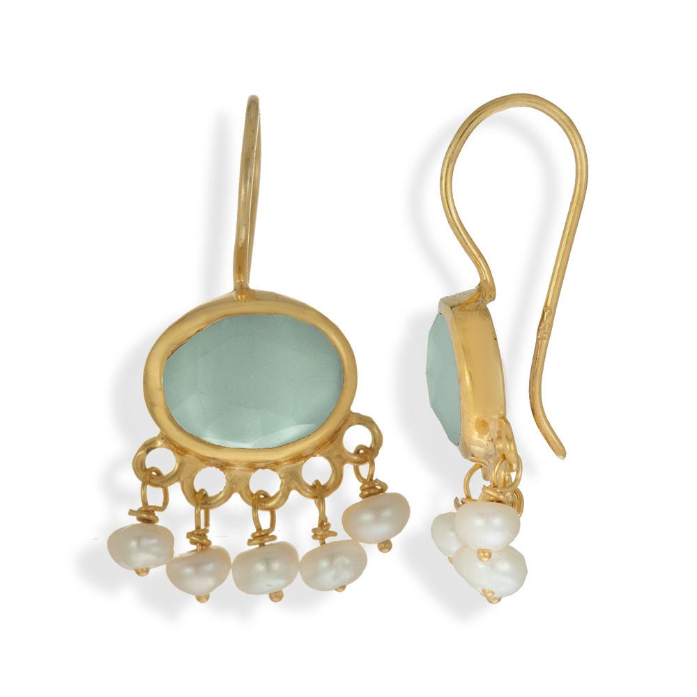 Handmade Gold Plated Silver Drop Earrings With Chalcedony Stones & Pearls - Anthos Crafts