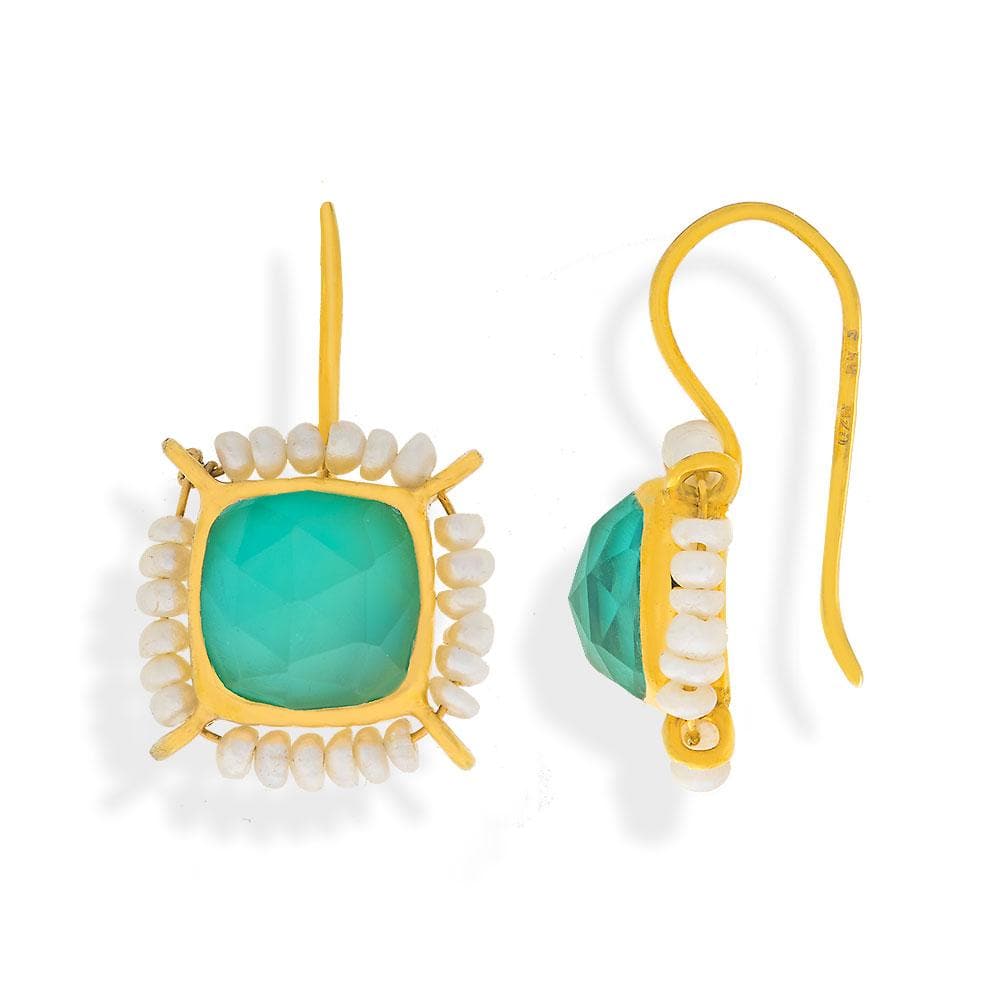 Handmade Gold Plated Silver Drop Earrings With Green Quartz & Pearls - Anthos Crafts