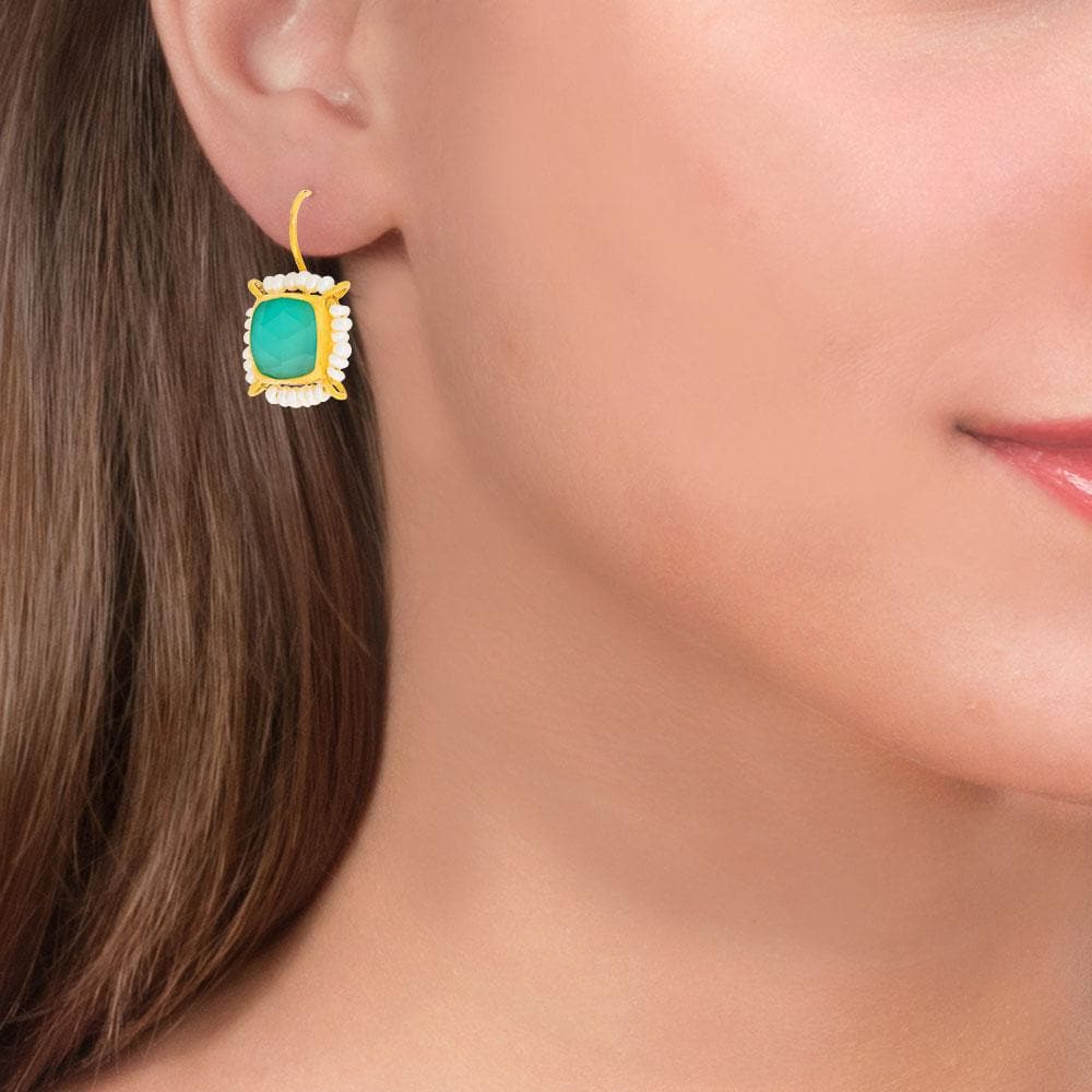 Handmade Gold Plated Silver Drop Earrings With Green Quartz & Pearls - Anthos Crafts