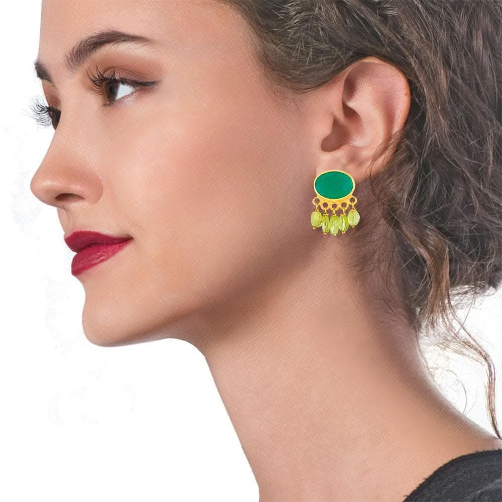 Handmade Gold Plated Silver Stud Earrings With Onyx & Peridot Gemstones - Anthos Crafts