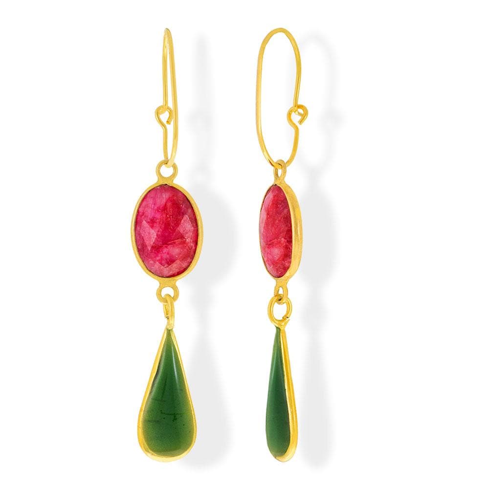 Handmade Gold Plated Silver Lacrima Earrings With Fucsia Jade & Green Enamel - Anthos Crafts
