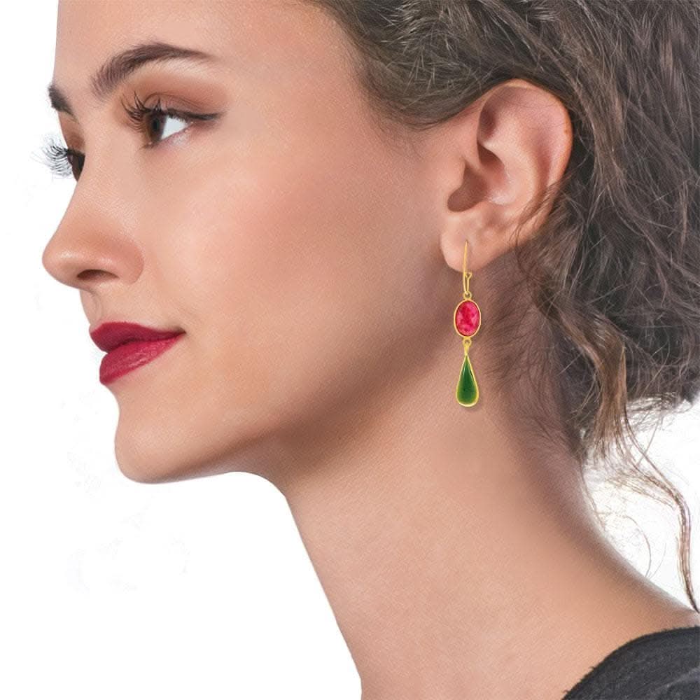 Handmade Gold Plated Silver Lacrima Earrings With Fucsia Jade & Green Enamel - Anthos Crafts