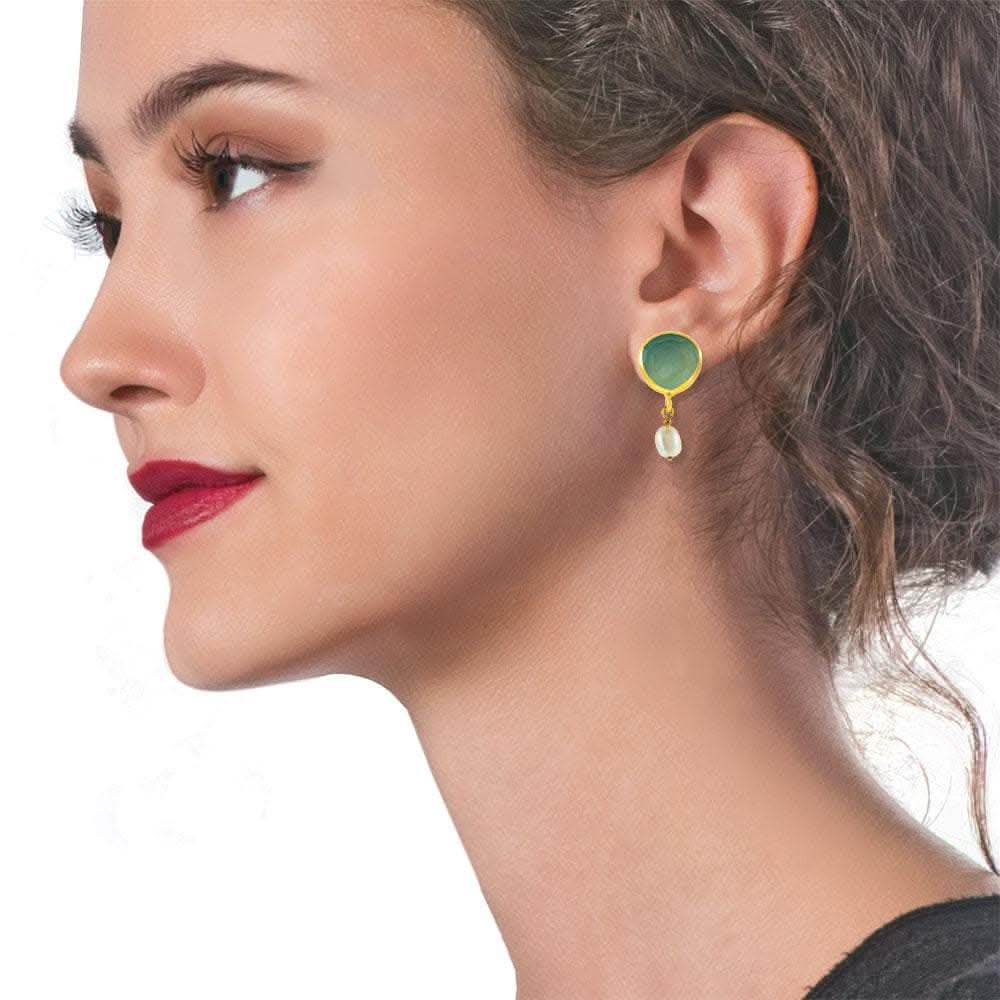 Handmade Gold Plated Silver Stud Earrings With Chalcedony Gemstones & Pearls - Anthos Crafts