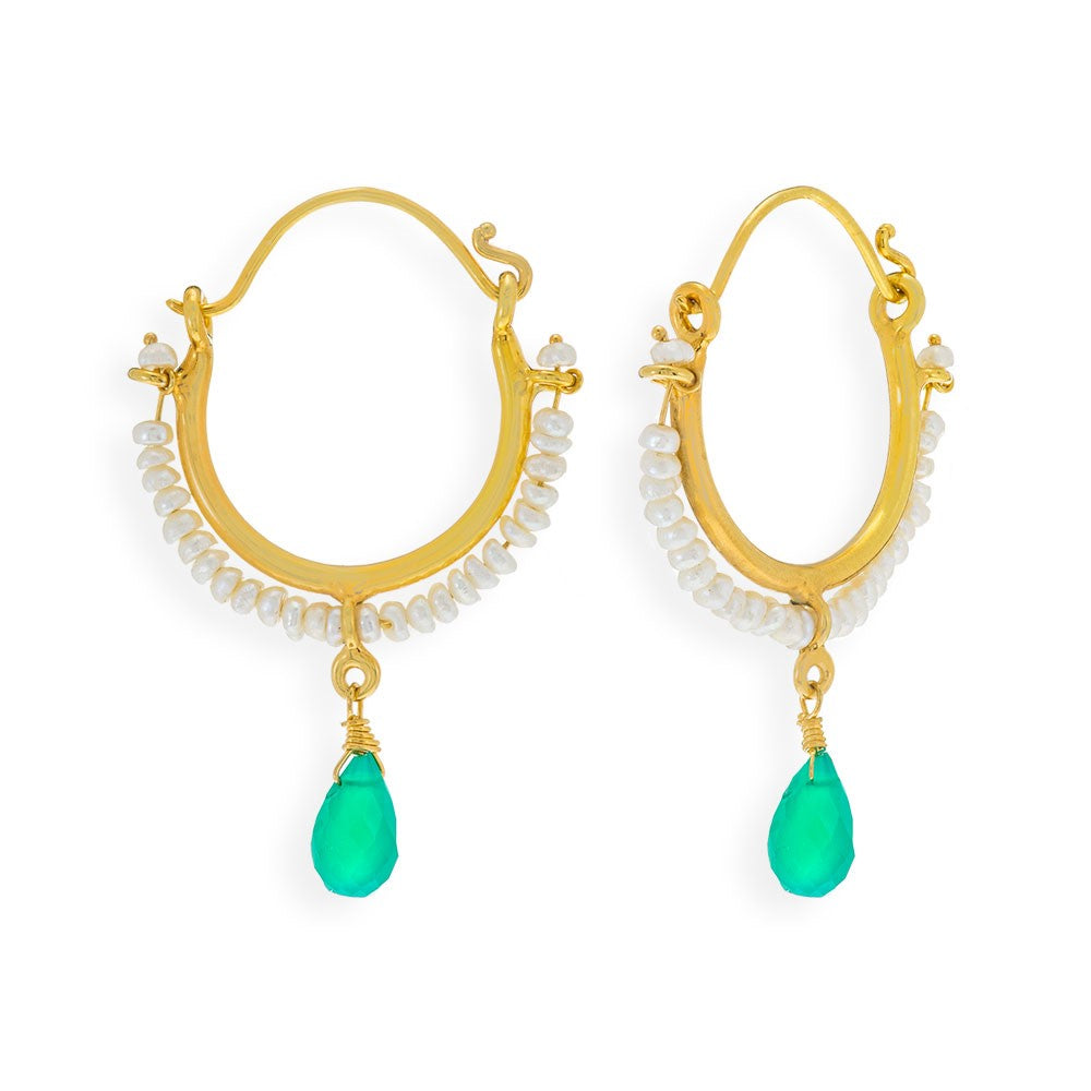 Handmade Gold Plated Silver Drop Earrings With Green Onyx & Pearls - Anthos Crafts