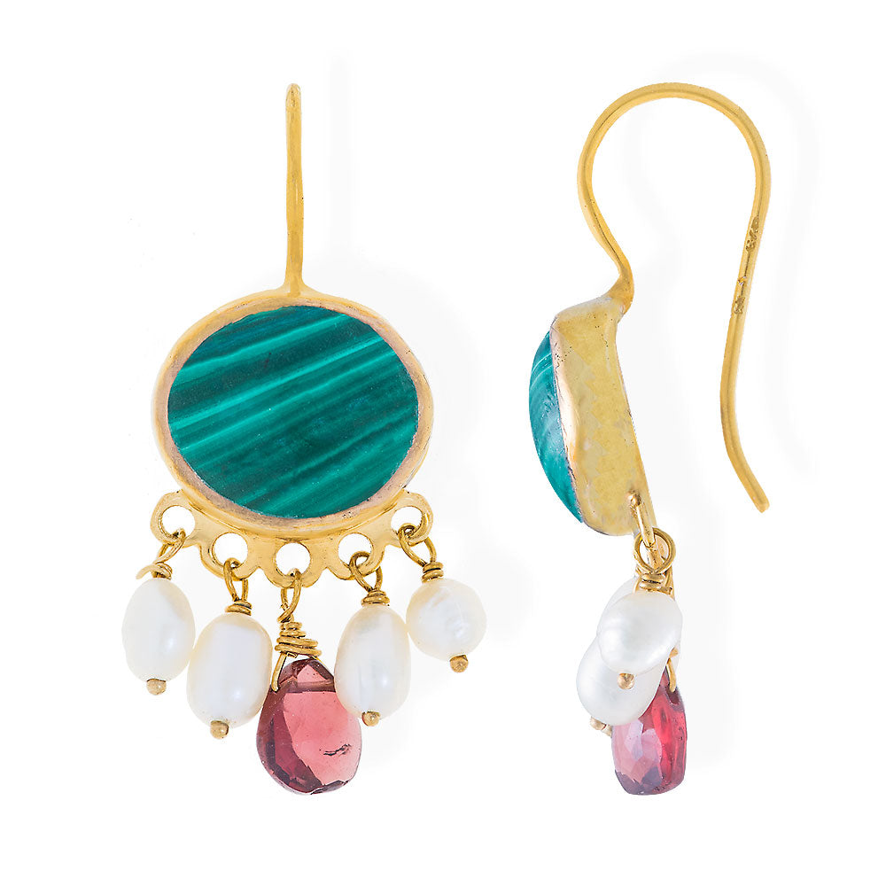 Handmade Gold Plated Silver Drop Earrings With Malachite, Pearls & Garnets - Anthos Crafts