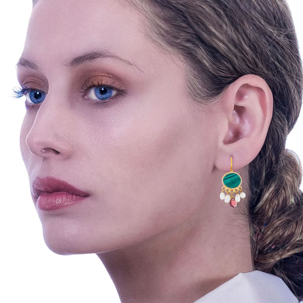 Handmade Gold Plated Silver Drop Earrings With Malachite, Pearls & Garnets - Anthos Crafts