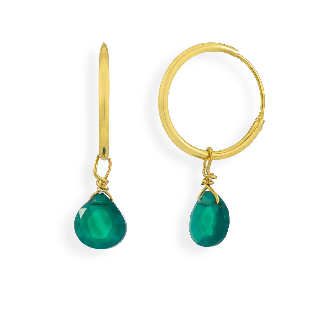 Handmade Gold Plated Silver Hoop Earrings With Green Onyx - Anthos Crafts