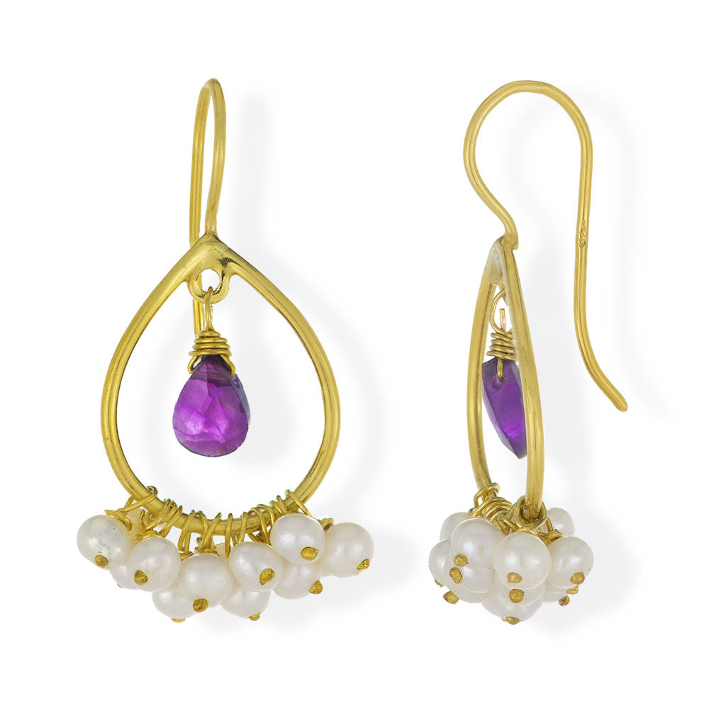 Handmade Gold Plated Silver Drop Earrings With Amethyst & Pearls - Anthos Crafts