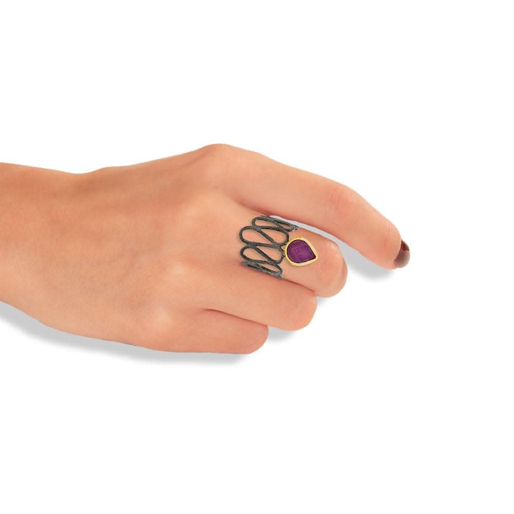 Handmade Black & Gold Plated Silver Ring With A Ruby Quartz Gemstone - Anthos Crafts