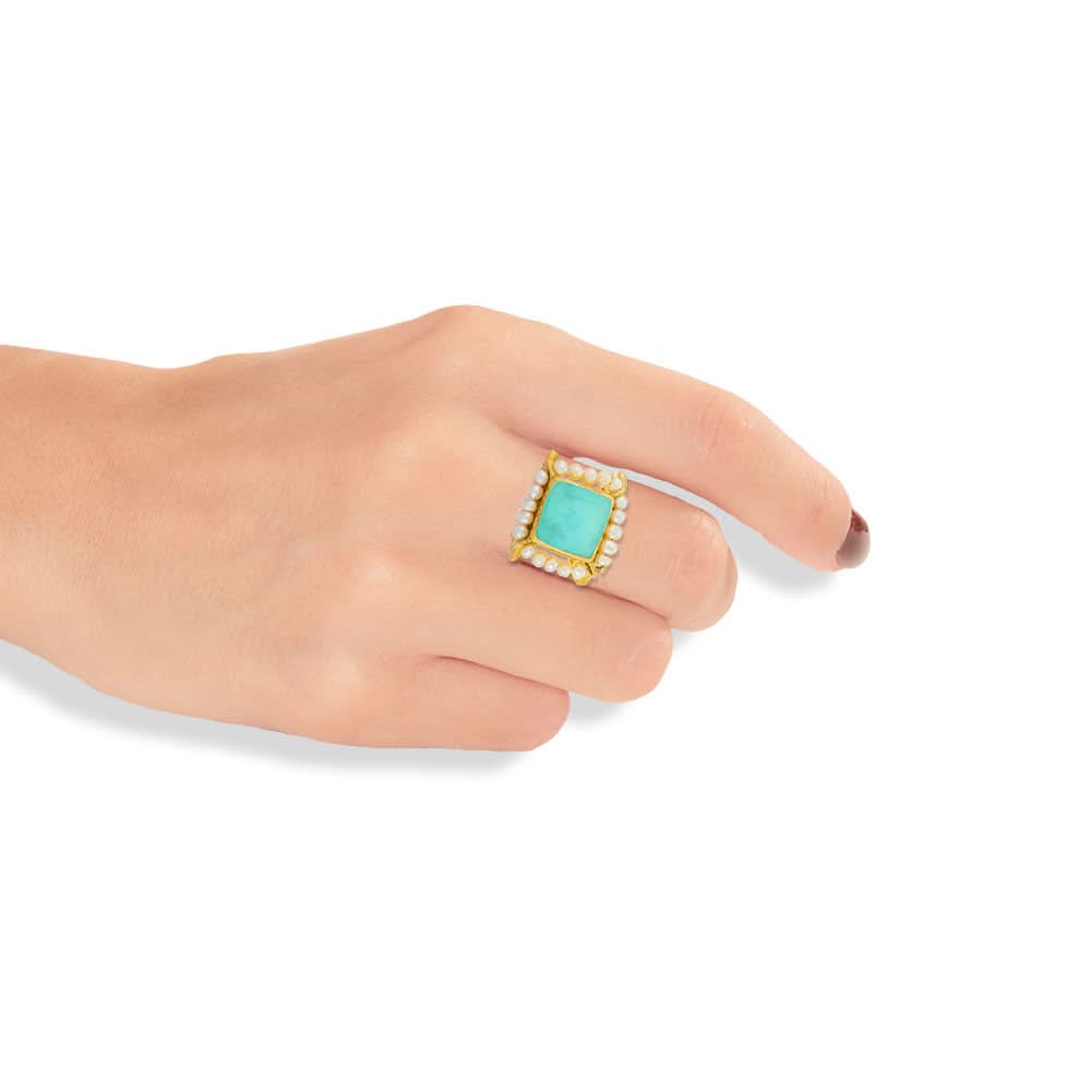 Handmade Gold Plated Silver Ring With Aqua Calchedony Gemstone & Freshwater Pearls - Anthos Crafts