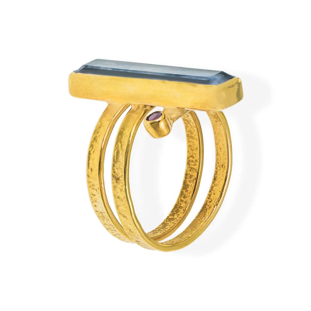 Handmade Gold Plated Silver Ring with Kyanite & Ruby Quartz Gemstones - Anthos Crafts