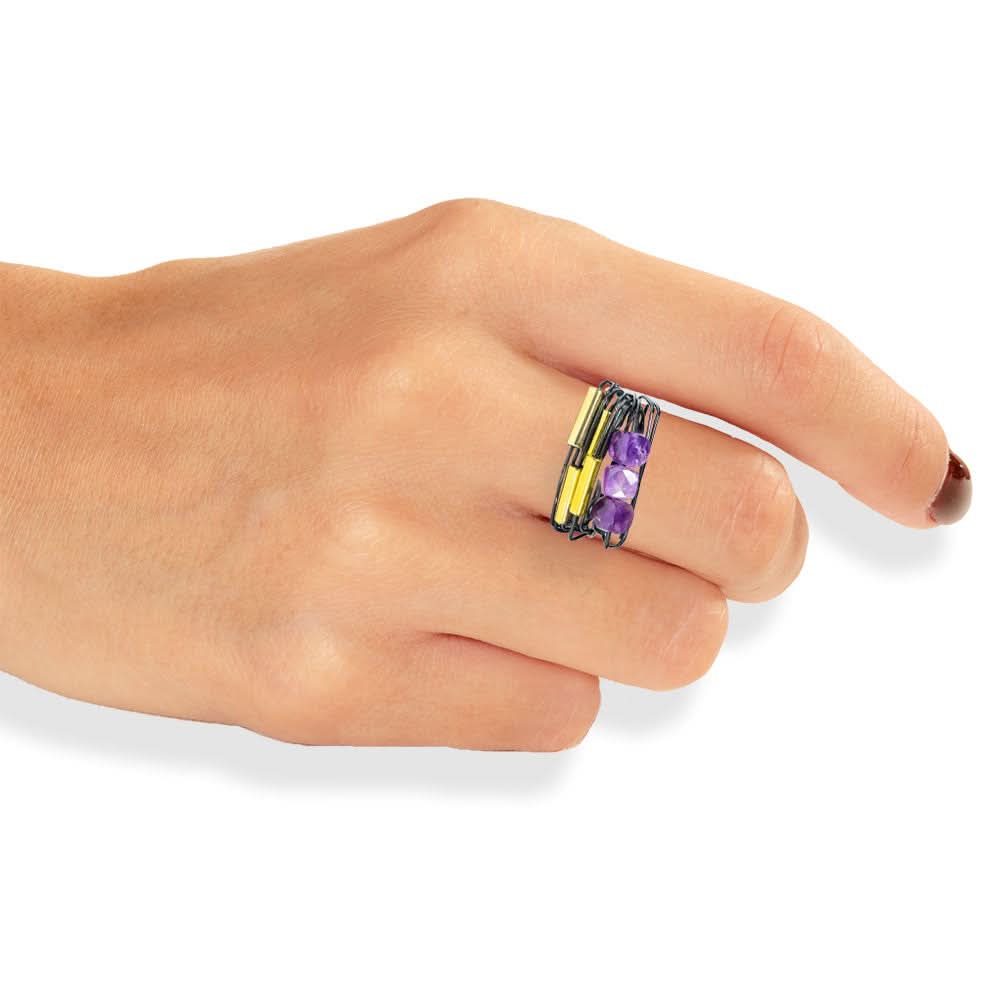Handmade Black Wire Ring With Amethyst & Hematite - Anthos Crafts