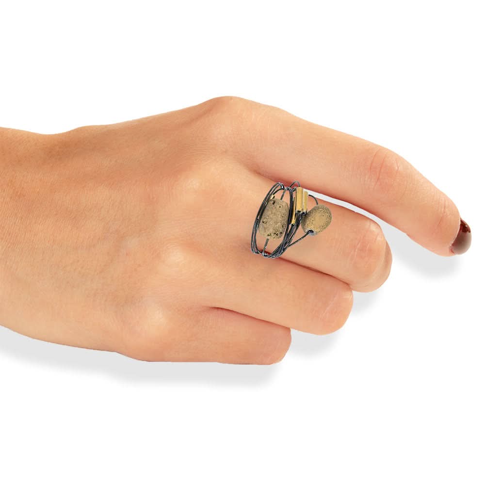 Handmade Black Wire Ring With Druzy Agate And Hematite - Anthos Crafts