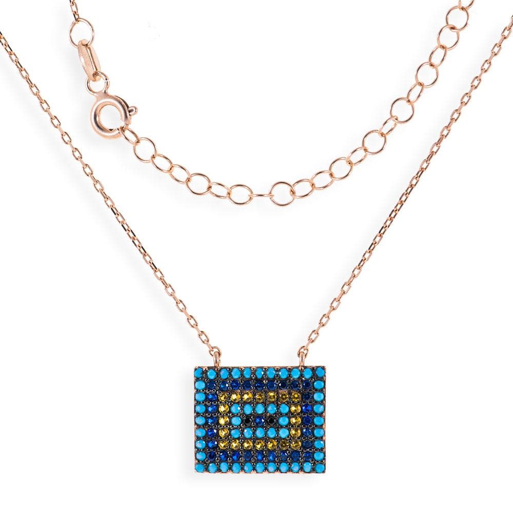 Short Rose Gold Plated Silver Necklace With Turquoise Cubic Zirconia Rectangular Eye - Anthos Crafts